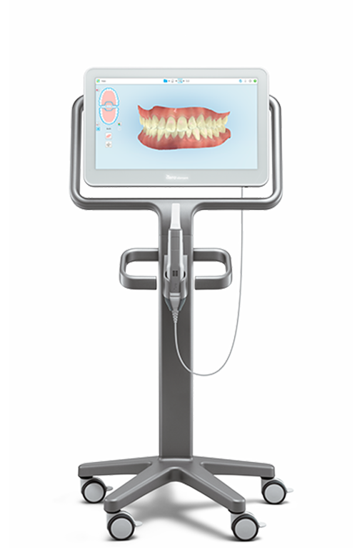 iTero dental scanner on a mobile stand displaying a 3D model of teeth, illustrating advanced dental technology for patient education and treatment visualization.